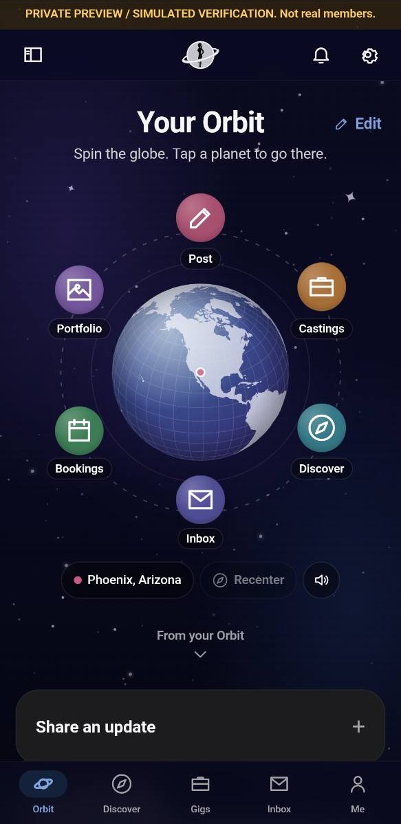 Model Sphere's dark-theme Orbit screen