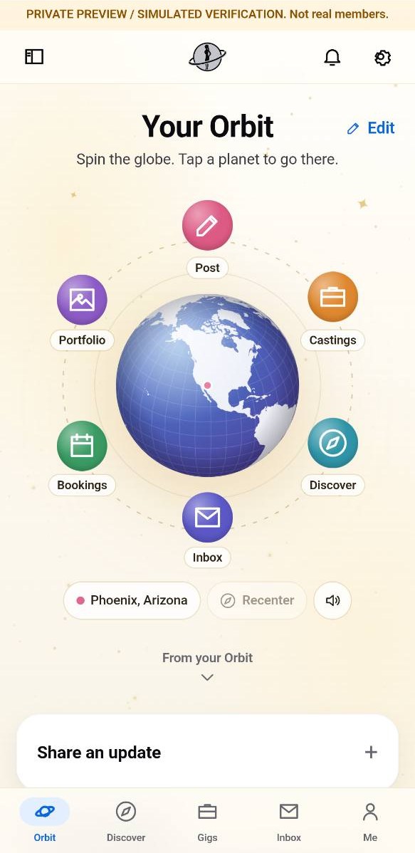 Model Sphere's light-theme Orbit screen, with globe navigation to portfolios, castings, bookings, and inbox