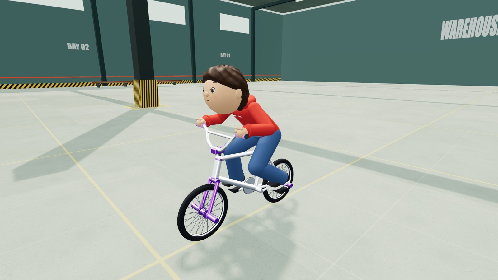 A rider on a white and purple BMX bike inside the Scoot with Friends warehouse